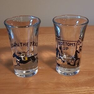 VINTAGE MCM Barware "Down the Track" and "Bottoms Up" Shot Glasses